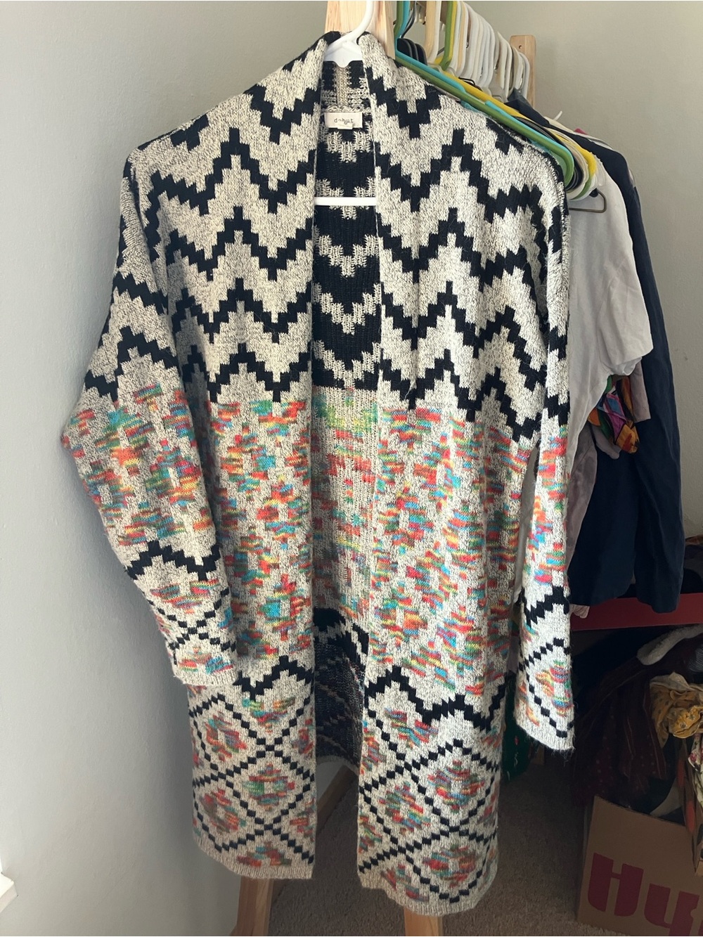 debut Open Front Cardigan with Multicolor Accents Zigzag Aztec Boho Hippie M